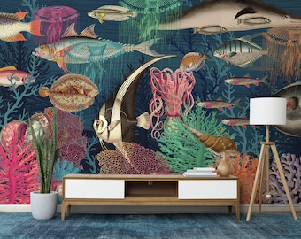 Vintage Unterwasser Wandbild Tapete Schälen und Aufkleben Fisch Tapete Schlafzimmer Badezimmer Tapete Meer Das Leben Fische Fische Korallen Retro Illustration