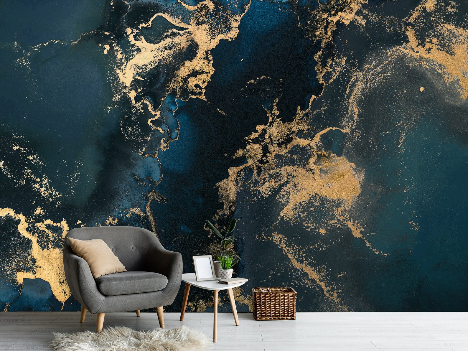 Navy Blue Peel and Stick Wallpaper Wall Mural Dark Blue Gold - Etsy
