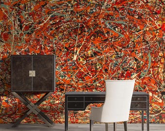 Papel pintado mural rojo de expresionismo abstracto, autoadhesivo, con diseño de pintura vintage de Jackson Pollock para decoración moderna del hogar.