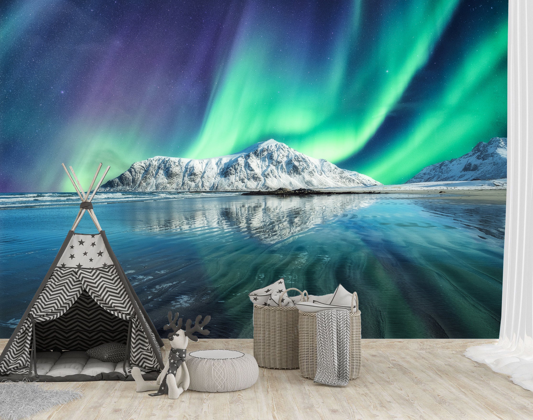 Nordlichter Wandbild Tapete Schälen und Aufkleben Verschneite Berge  Schlafzimmer Wanddekor Aurora Borealis Wandbild Polarlichter Tapete