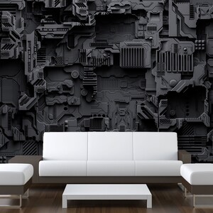 May include: A modern living room featuring a white sofa, two matching ottomans, and a low white coffee table. The focal point is a dark gray, textured wall with a complex, industrial design. The room has a minimalist aesthetic with a wooden floor.
