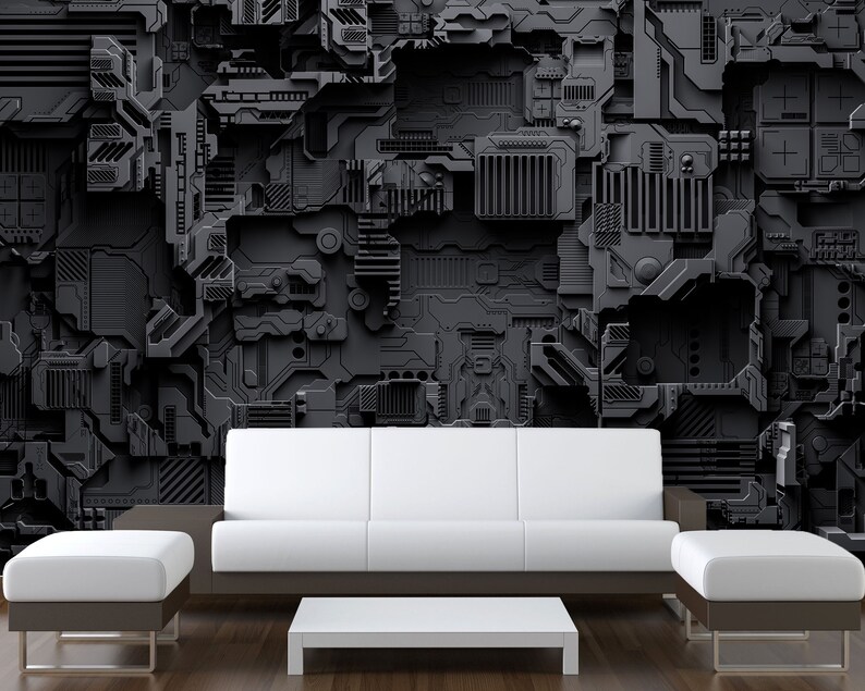 May include: A modern living room featuring a white sofa, two matching ottomans, and a low white coffee table. The focal point is a dark gray, textured wall with a complex, industrial design. The room has a minimalist aesthetic with a wooden floor.