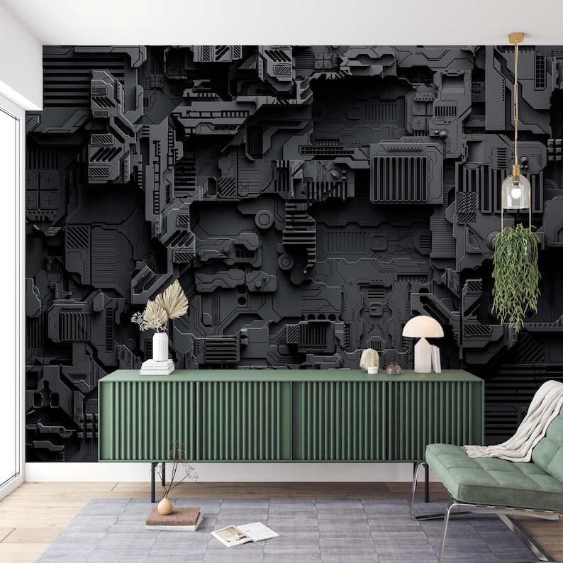May include: A dark gray, textured wall with a complex, geometric design. A green cabinet with a ribbed front sits below the wall. A green chair and a hanging plant are also in the room.