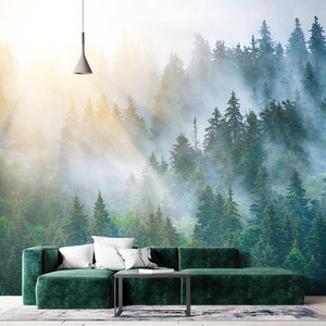 Papier peint forêt brumeuse, arbres muraux autocollant Papier peint paysage forestier forêt d'été Papier peint panoramique forêt d'été Papier peint forêt ensoleillée murale