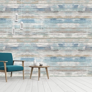 Rustic Blue Wood Plank Wallpaper - Vintage Coastal Peel and Stick Wall Decor Farmhouse Rustic Home Design Beach House Scandinavian Wallpaper