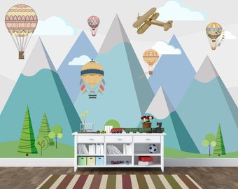 Kids Mountain Scene Wallpaper Mural with Peaks and Hot Air Balloons - Kids Room Nursery Wall Decor Wallcovering