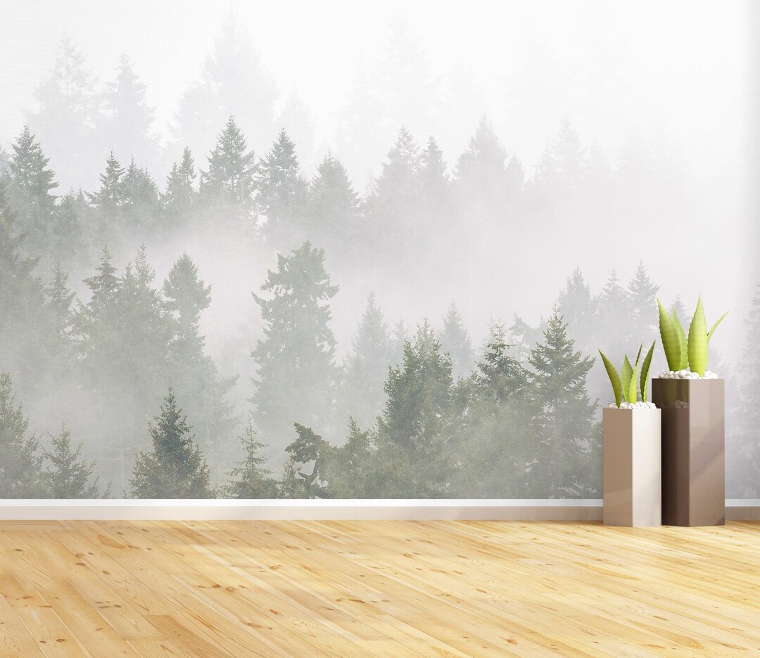 Misty Forest Mural Wallpaper | Peel and Stick Trees for Bedroom ...