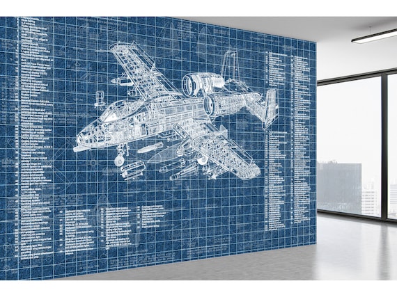 Airplane Blueprint Peel and Stick Wallpaper Mural Artwork Line Drawing Aviation Wall Decor Engineering Office Wallpaper Technical Wall Decor