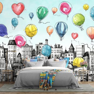 Cute Kids City Houses with Colorful Watercolor Balloons Wallpaper Peel and Stick Wall Mural Kids Room Decor Wallpaper Nursery Playroom Mural
