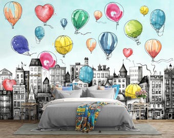 Kids City Houses Mural Colorful Watercolor Balloons Wallpaper Nursery Playroom Wall Decor