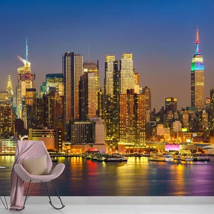 NYC Skyline Wandbild - Nacht-Stadtbild Wallpaper New York City Lichter Wallpaper - Urban Night Skyline Wandbild Manhattan Skyline Wallpaper
