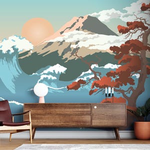 Japanese Scenery Wallpaper Peel and Stick Wall Mural Abstract Asian Landscape Wallpaper Minimalist Japanese Mountain Artwork Nature Mural