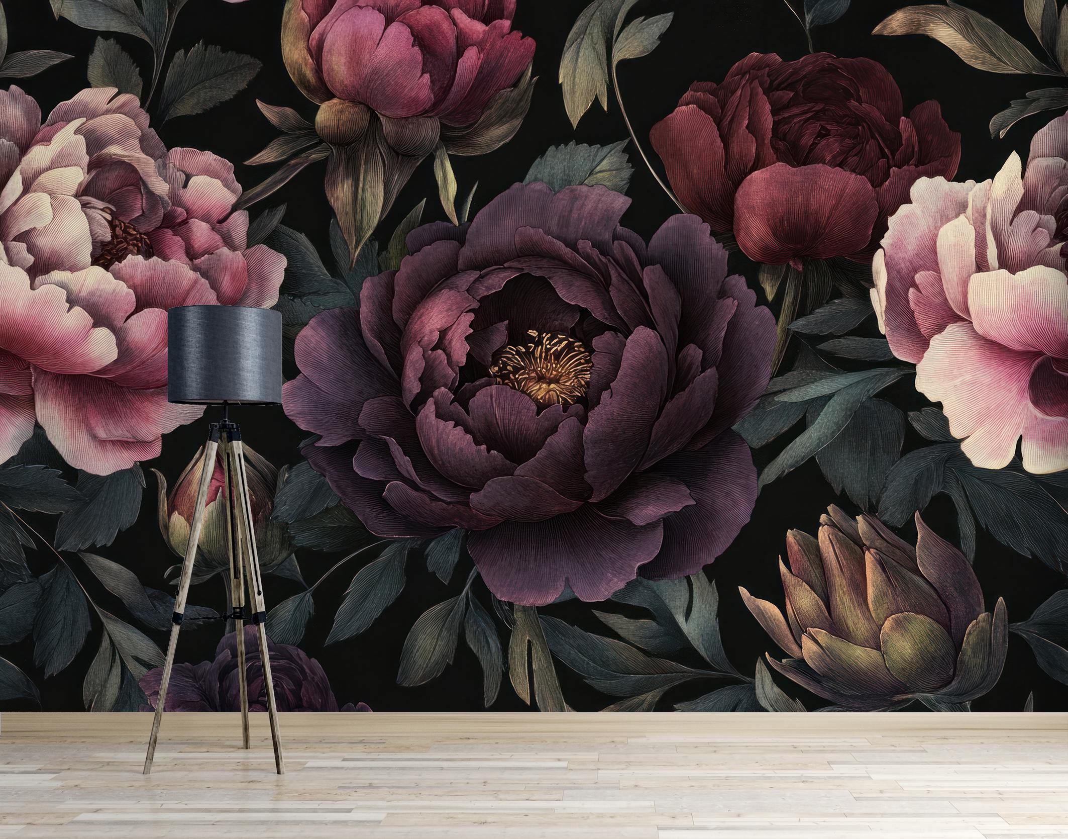 Dark Floral Peony Wall Mural – Vintage Botanical Peel and Stick ...