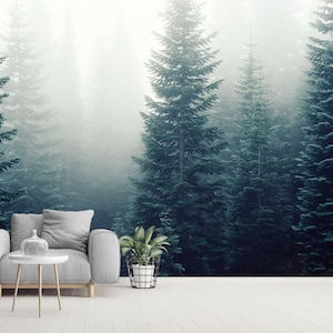 Foggy Evergreen Trees Wall Mural Peel and Stick Wallpaper Foggy Forest Wall Decor Living Room Bedroom Wallpaper Forest Scenic Wall Paper