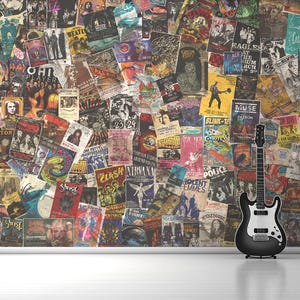 Retro Music Band Posters Urban Wallpaper – Vintage Music Wall Mural - Rock Music Themed Cool Decor Interiors Wallpaper Mural Peel and Stick