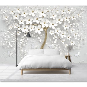 Abziehen und aufkleben Tapete Weißer Blumenbaum-Tapete Schlafzimmer Akzent Wandbild Traditionelle Tapete Abstrakter Baum des Lebens Blumentapete