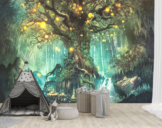 Wallpaper of Fireflies Mural Tree a Playroom Decor and Norway Vinyl Wallpaper Tree on Etsy Nursery Stick Tree Peel Fantastic Fantasy Life Kids - Wall Wall