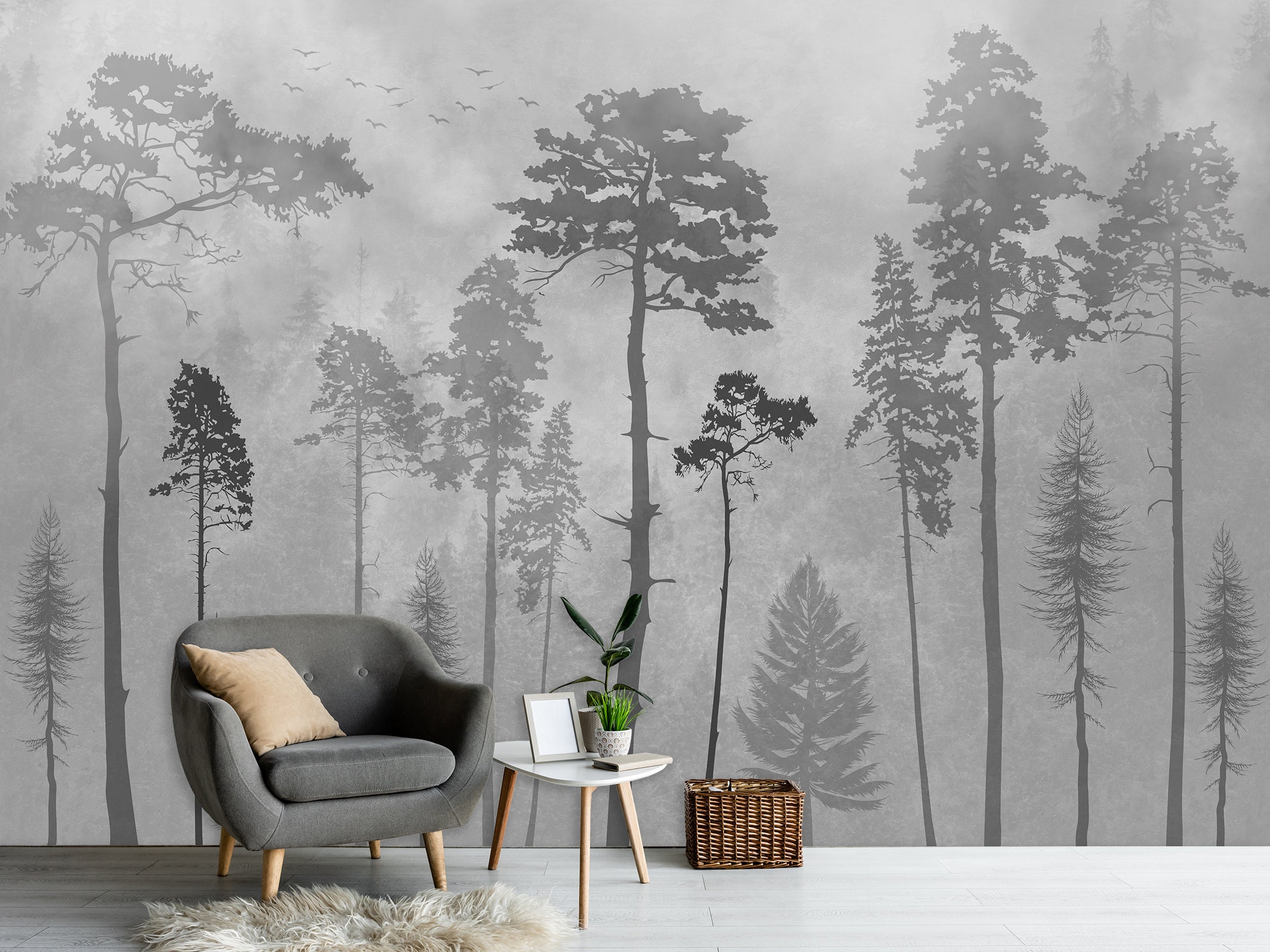 Grey Wall Mural With Foggy Forest Trees Peel and Stick