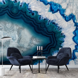 Mural de pared abstracto de geoda de ágata azul, papel tapiz autoadhesivo, decoración de pared para dormitorio, murales de oficina, papel tapiz de mármol azul con piedra de gema de ágata