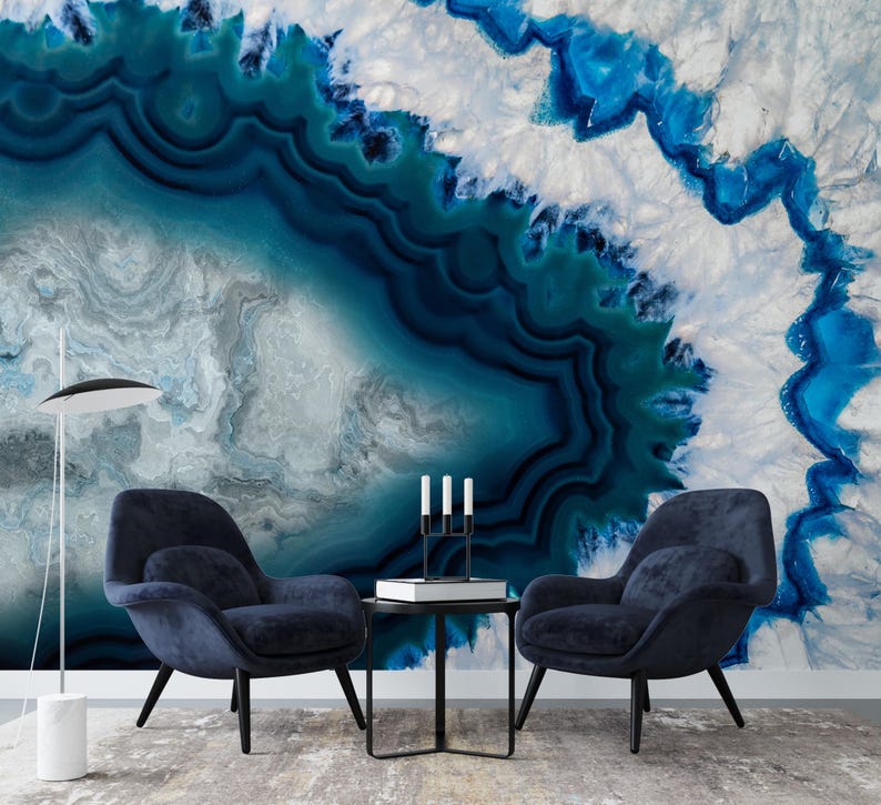 Blue Agate Geode Abstract Wall Mural Peel and Stick Print Wallpaper ...
