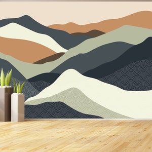 Minimalistisches Abstraktes Berg Wandbild Schälen und Aufkleben Art Deco Tapete Berge Gewellte Landschaft Silhouette Wandbild