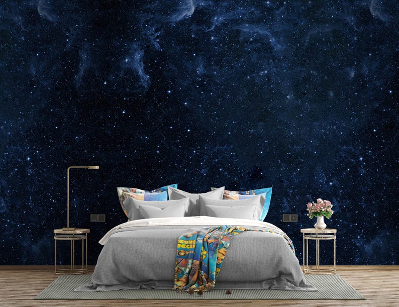 Blue Starry Sky Mural Wallpaper Space Wall Mural Bedroom Wallpaper Peel ...