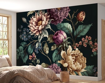 Dunkle Blumentapete Wandbild Große Blütenknospen Blätter Tapete Schälen & Aufkleben Trendy Wanddekor Schlafzimmer Tapete Akzent Wand Blumenwandkunst