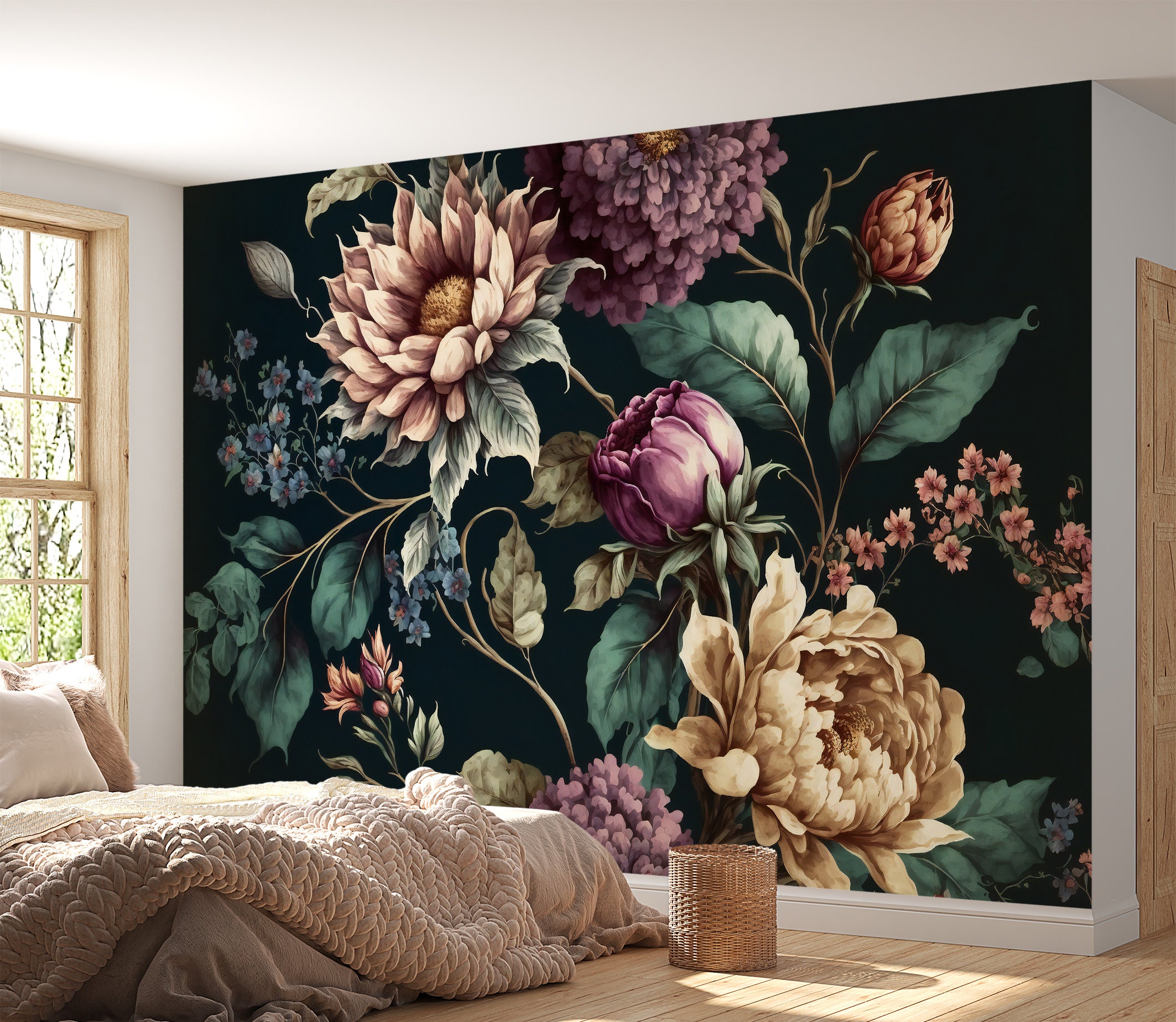 Dark Floral Wallpaper Mural Large Flower Buds Wallpaper Peel and Stick ...