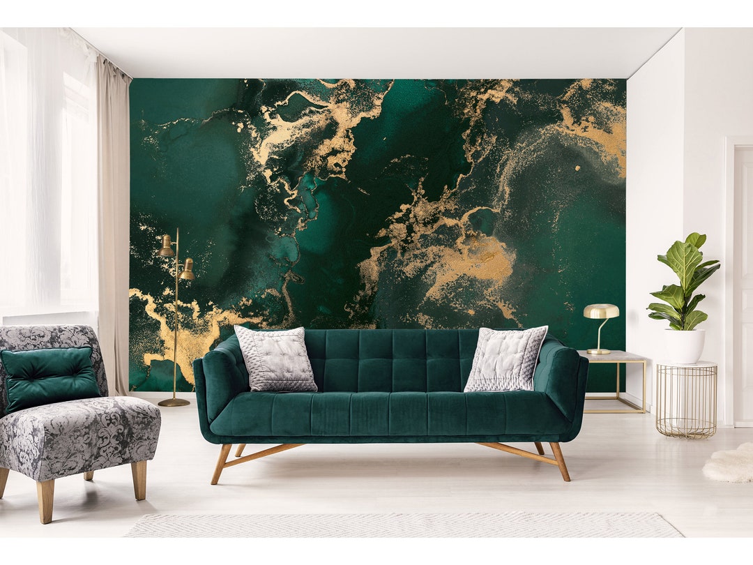 Peel and Stick Dark Green Wall Mural Wallpaper Abstract Art Fluid
