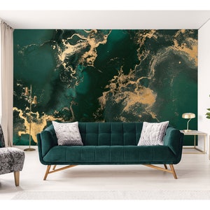 Carta da parati murale verde scuro staccabile e attaccabile, arte fluida astratta, stampa marmorea, decorazione da parete per camera da letto e soggiorno, carta da parati di lusso, arte verde