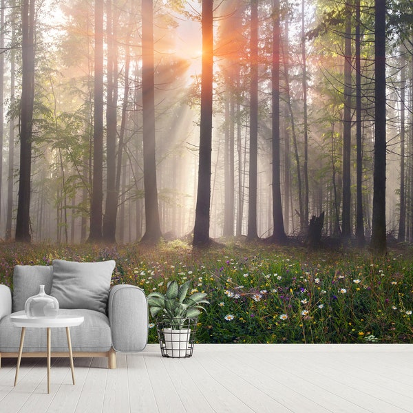 Morning Misty Forest Wall Mural Wallpaper Peel and Stick or Traditional Wall Paper Forest Flowers Trees Nature Landscape Accent Wall Decor