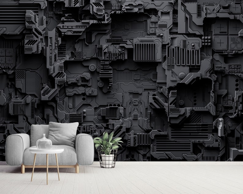May include: A dark gray, textured wall with a complex, mechanical design. The wall features a variety of geometric shapes and patterns, creating a futuristic aesthetic. A gray armchair, a small white table, and a potted plant are in front of the wall.