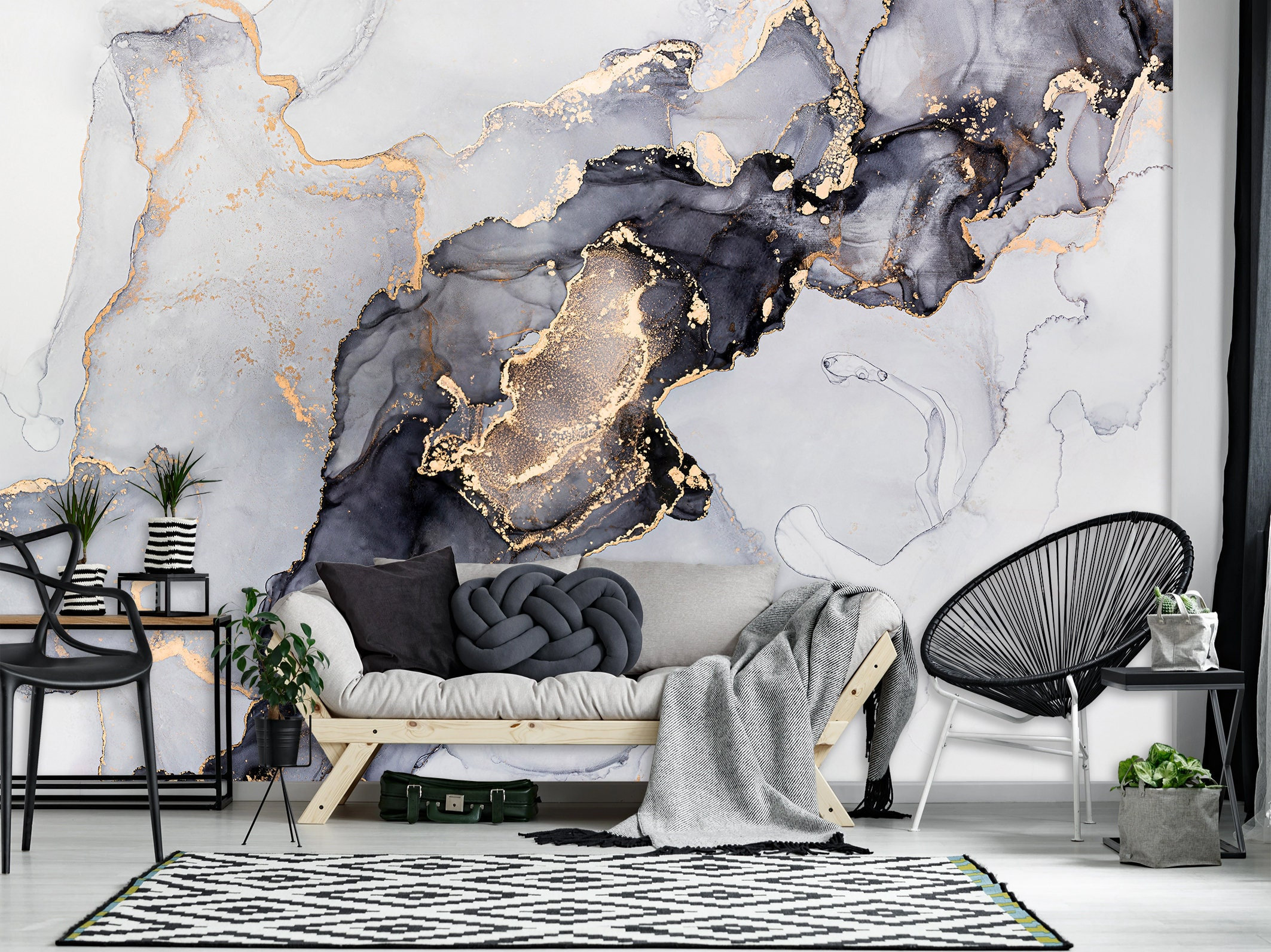 Grey Abstract Marble Peel and Stick Wall Vinyl Mural Wallpaper
