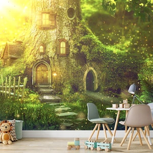 ファンタジーツリーハウス壁画子供部屋の壁紙魔法の森のノームハウス壁紙保育園プリントプレイルーム壁紙剥がして貼る壁紙