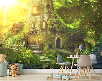 Fantasy Tree House Wall Mural Kids Room Wallpaper Gnomes House in Magic Forest Wallpaper Nursery Print Playroom Wallpaper Peel and Stick