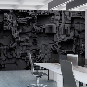 May include: A dark gray, textured wall mural with a complex, three-dimensional, mechanical design. The mural is the focal point of an office space, with a white desk, chairs, and a window offering a city view.