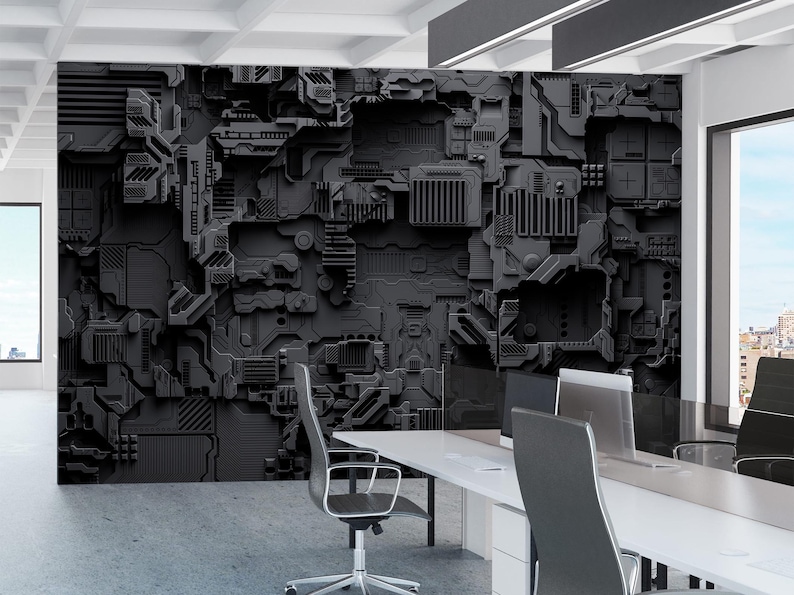 May include: A dark gray, textured wall mural with a complex, three-dimensional, mechanical design. The mural is the focal point of an office space, with a white desk, chairs, and a window offering a city view.