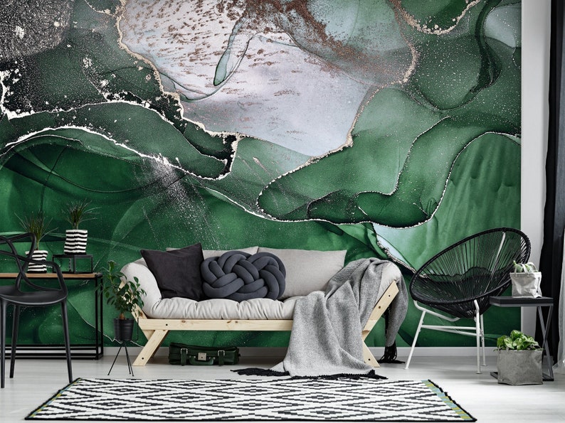 Emerald Green Wall Mural Abstract Wallpaper Peel and Stick Etsy