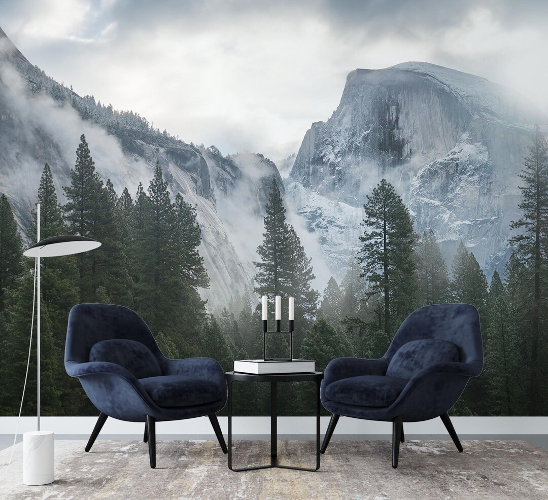 Mountain Forest Wall Mural, Misty Pine Landscape Wallpaper, Nature ...