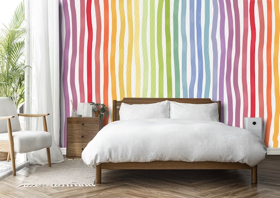 縦縞の虹色の壁画キッズ壁紙、剥がして貼るだけ、保育園、子供部屋