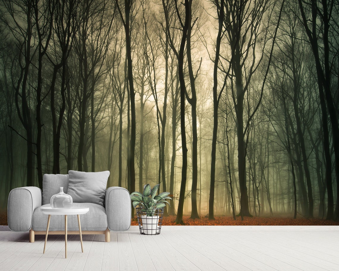 Autumn Forest Fog Wall Mural Beautiful Natural Landscape Etsy