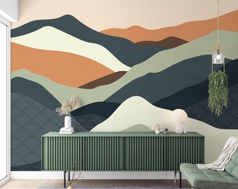 Abstract Mountain Wall Mural, Mid Century Modern Landscape Wallpaper, Japandi Accent Wallcovering, Art Deco Earth Tone Wall Decoration