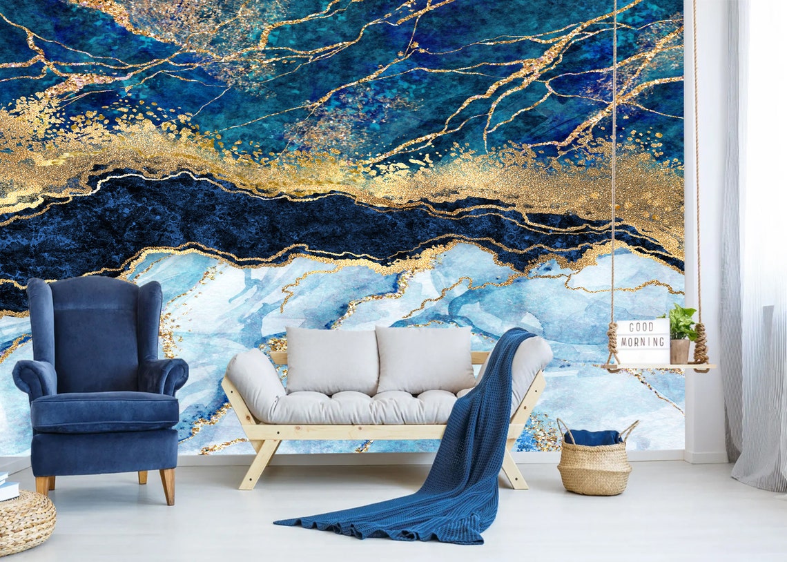 Peel & Stick Marble Wallpaper Navy Blue Abstract Print Blue - Etsy UK