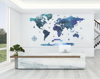 Extra Large Blue World Map Decal: Travel Wall Stickers Decor