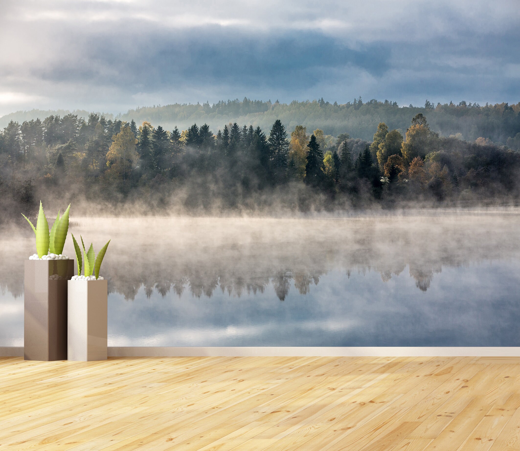 Foggy Landscape Wall Mural Foggy Forest Wall Art Decal Mural Etsy