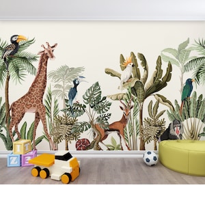 Kids Safari Animal Wallpaper Peel and Stick Jungle Tropical Wall Mural Wallpaper Kids Room Wall Decor Playroom Baby Nursery Wallpaper Print