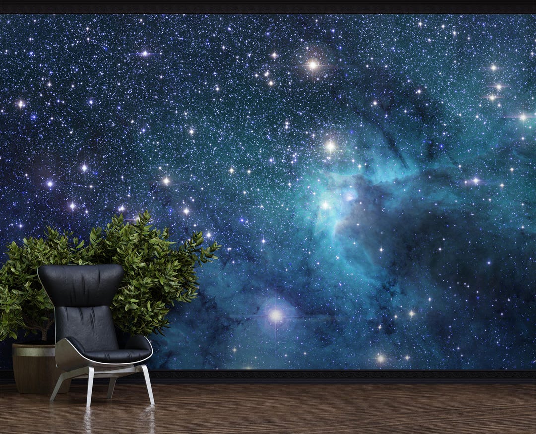Blue Starry Sky Mural Wallpaper, Peel and Stick Space Nebula Wall Print ...