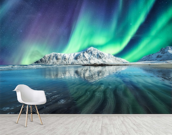 Northern Lights Wallpaper Peel and Stick Wall Mural Snowy - Etsy Northern Lights Wallpaper Peel and Stick Wall Mural Snowy - Etsy