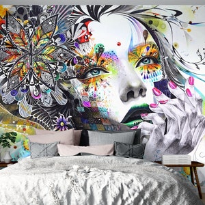 Abstract Girl Face Wall Mural Colorful Graffiti Wallpaper Street Art ...