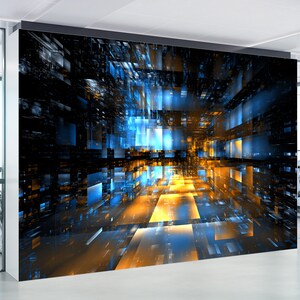 Puede incluir: Impresi&oacute;n digital abstracta con un patr&oacute;n geom&eacute;trico azul y naranja. El patr&oacute;n se asemeja a un t&uacute;nel o pasillo con luces brillantes.